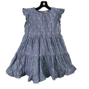Crewcuts Girls Size 6 Chambray Denim Dress Rainbow Print Tiered Ruffle Preppy